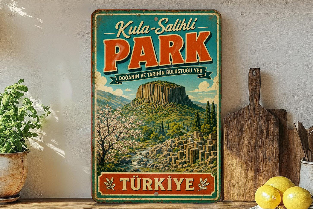 A vintage-style metal sign with a scenic mountain landscape and text in Turkish, placed on a wooden shelf next to a potted plant and a wooden cutting board.