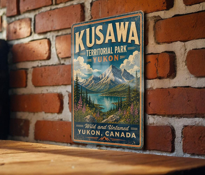 A vintage-style sign for Kuskawa Territorial Park, Yukon, Canada, featuring a mountain landscape with a lake and pine trees.