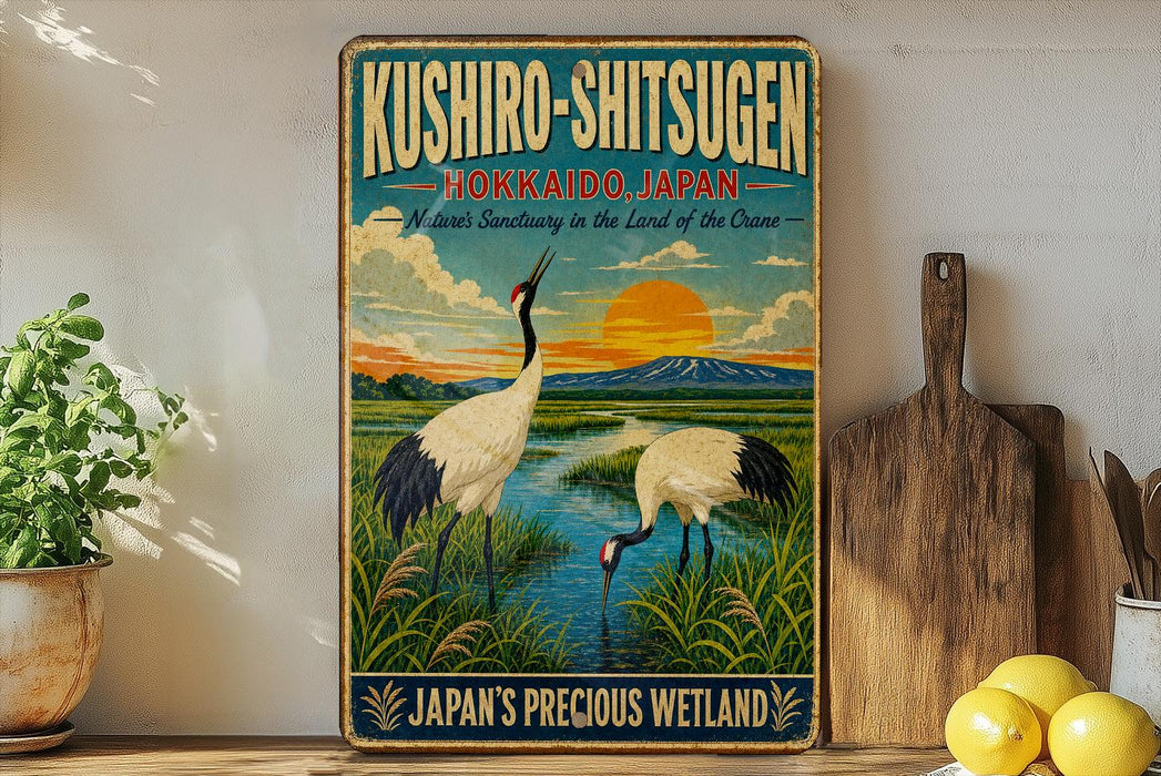 A vintage-style sign advertising the "Kushiro-Shitsugen" in Japan, featuring a scenic landscape with two cranes in the foreground.