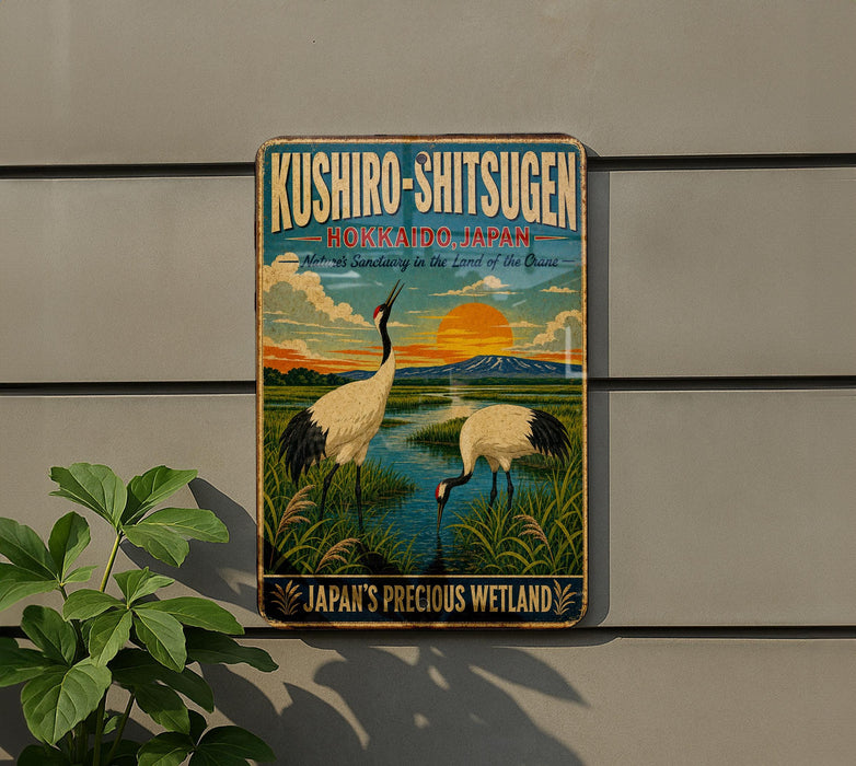 A vintage-style metal sign advertising the Kushiro-Shitsugen, a famous Japanese nature reserve, featuring two cranes in a serene landscape.