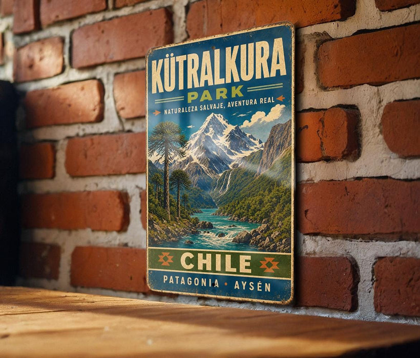 A vintage-style metal sign for the Kutralkura Park in Chile, featuring a mountain landscape with a river and trees.