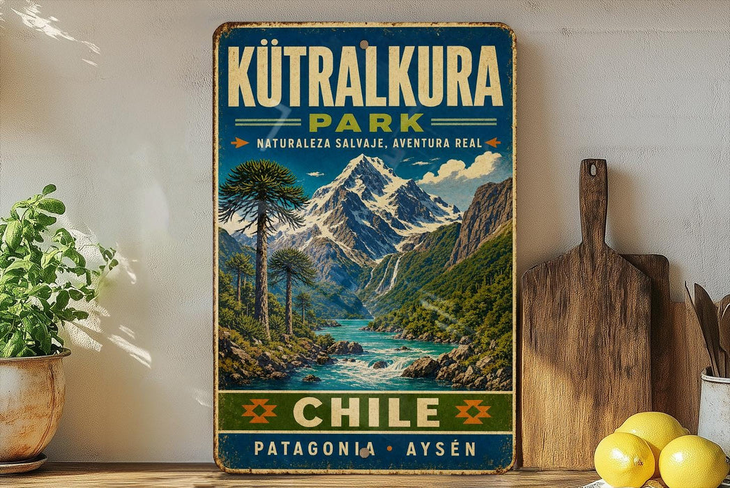 A vintage-style sign for the park of Chile, featuring a mountain landscape with a river and pine trees.