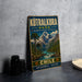 A vintage-style metal sign for Kütralkura Park in Chile, featuring a scenic mountain landscape with a river and lush vegetation.