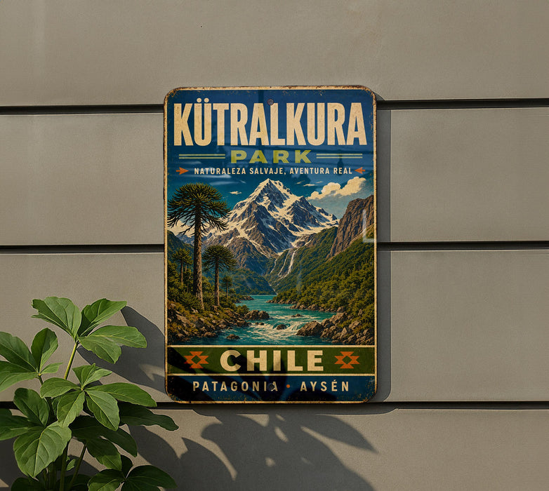 A vintage-style metal sign for "Kutralkura Park" in Chile, featuring a mountain landscape with a river and waterfall.