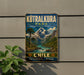 A vintage-style metal sign for "Kutralkura Park" in Chile, featuring a mountain landscape with a river and waterfall.