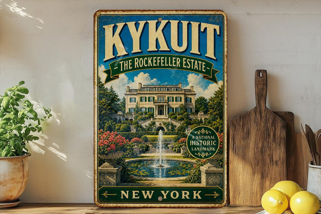 A vintage-style poster of the Rockefeller Estate in New York, featuring a large building surrounded by a garden with a fountain.