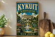 A vintage-style poster of the Rockefeller Estate in New York, featuring a large building surrounded by a garden with a fountain.