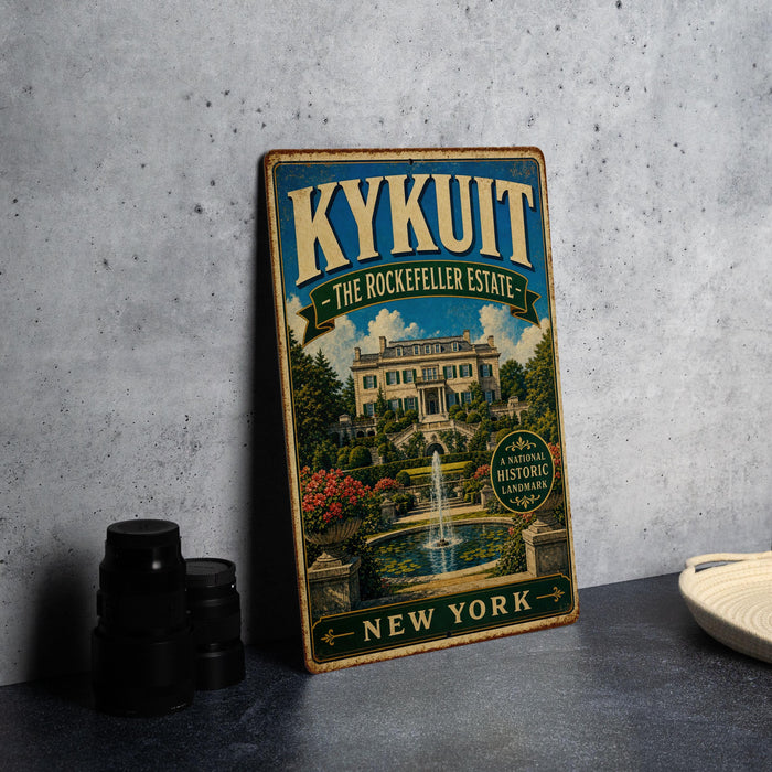 A vintage-style metal sign for the Rockefeller Estate in New York, featuring an illustration of the estate's architecture and landscaping.