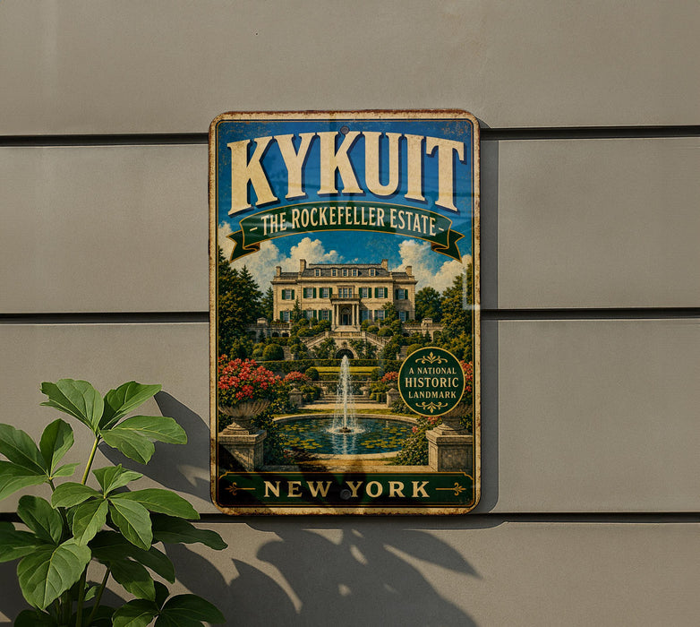 A vintage-style metal sign for the Rockefeller Estate in New York, featuring a large illustration of the estate's gardens and fountain.