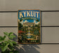 A vintage-style metal sign for the Rockefeller Estate in New York, featuring a large illustration of the estate's gardens and fountain.
