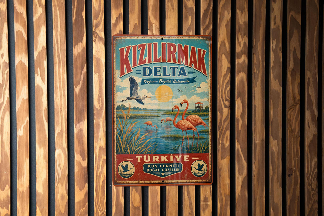 A vintage-style metal sign with a bird illustration and text, hanging on a wooden wall.