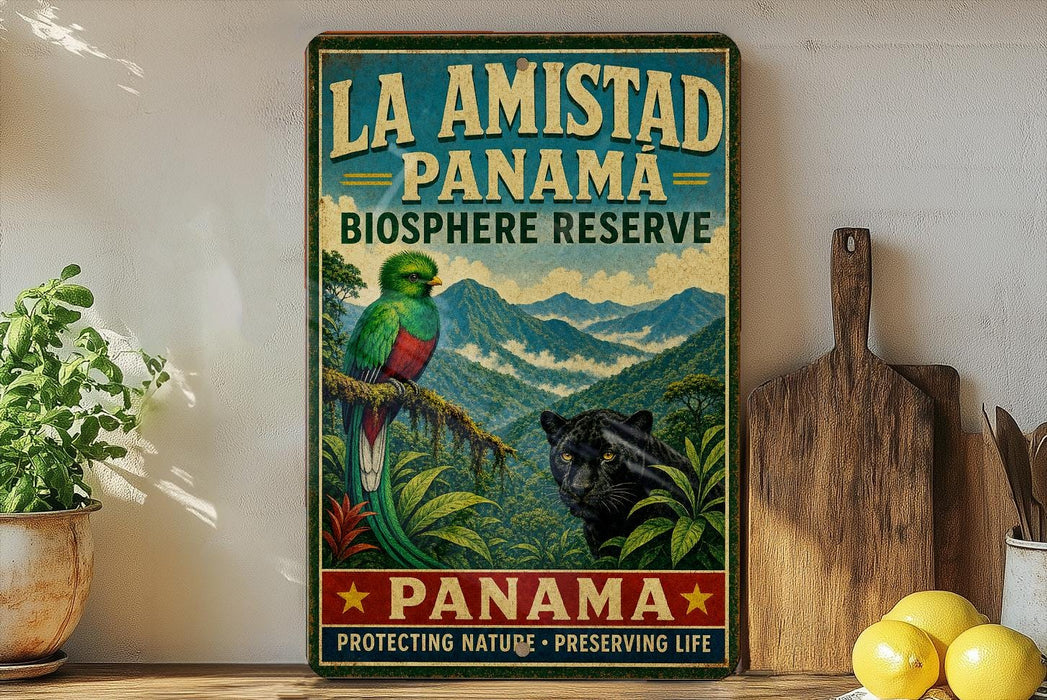 A vintage-style poster advertising the Panama Biosphere Reserve, featuring a colorful illustration of a bird and a black panther in a lush, tropical landscape.