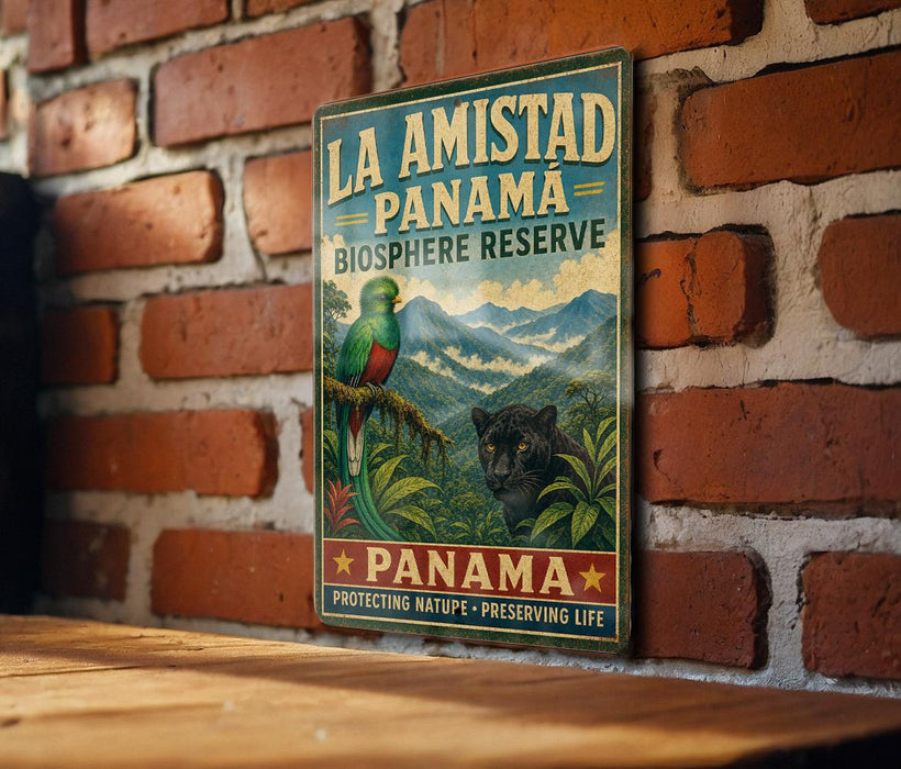 A vintage-style poster advertising the La Amistad Panama Biosphere Reserve, featuring a colorful illustration of a bird and a panther in a lush, tropical landscape.