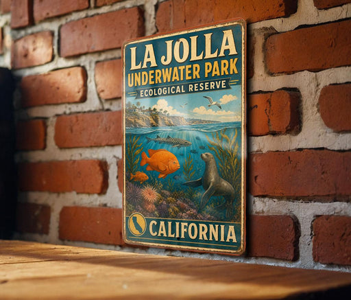 A vintage-style metal sign for La Jolla Underwater Park, featuring an illustration of marine life and the text "LA Jolla Underwater Park, Ecological Reserve, California".