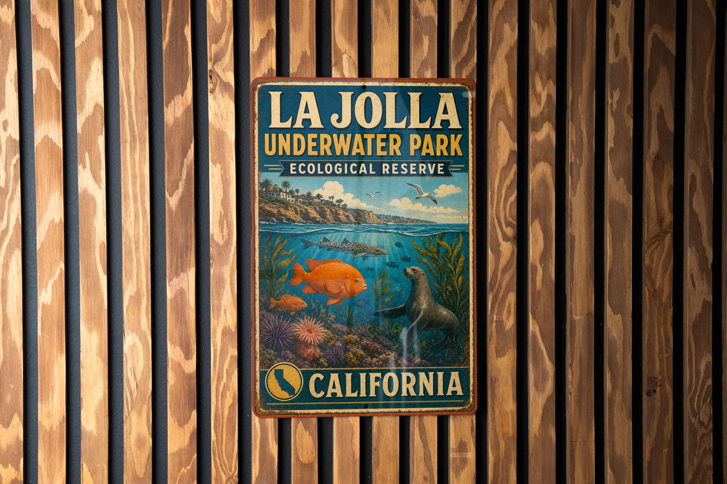 A vintage metal sign for La Jolla Underwater Park, an ecological reserve in California, featuring an illustration of underwater life and a seal.