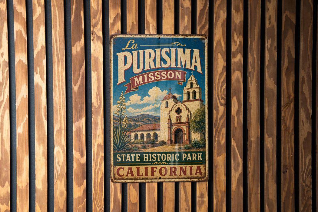 A vintage metal sign with the text "La Purismo Mission State Historic Park California" is displayed on a wooden wall.