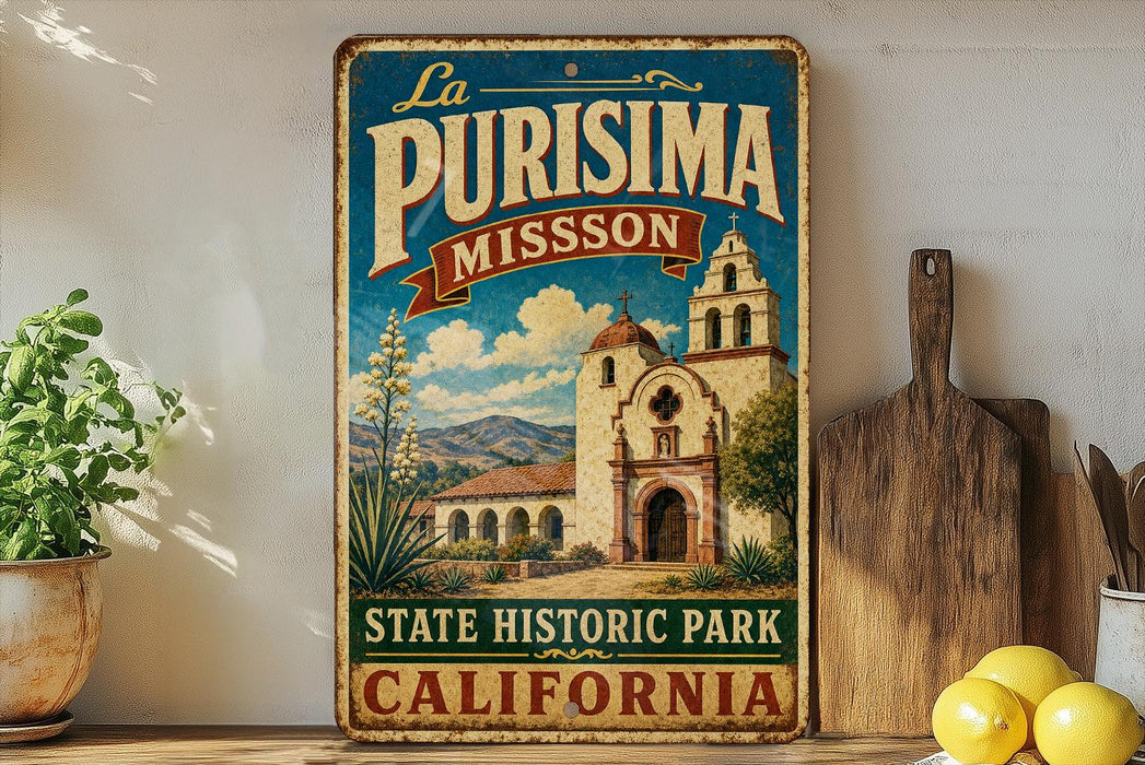 A vintage-style metal sign for La Purismo Mission, a historic park in California, featuring an illustration of the Mission and surrounding landscape.