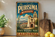 A vintage-style metal sign for La Purismo Mission, a historic park in California, featuring an illustration of the Mission and surrounding landscape.
