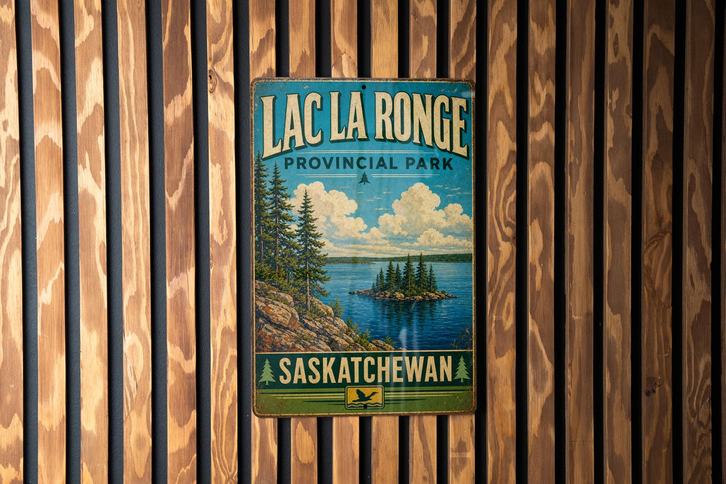 A vintage metal sign for Lac La Ronge Provincial Park in Saskatchewan, featuring a scenic landscape with pine trees, a lake, and a small island.