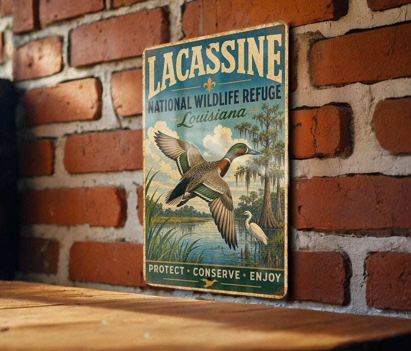 A vintage-style metal sign with a bird illustration and text, mounted on a brick wall.