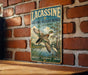 A vintage-style metal sign with a bird illustration and text, mounted on a brick wall.