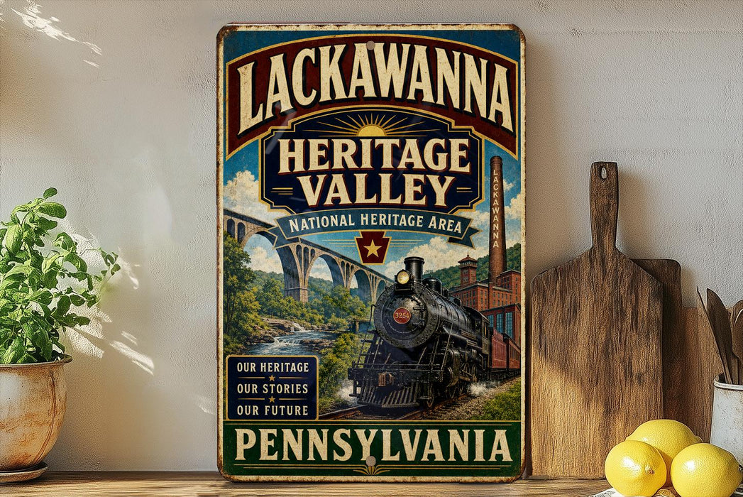 a vintage-style sign for the Lackawanna Heritage Valley National Heritage Area in Pennsylvania, with a train engine and bridge in the background.