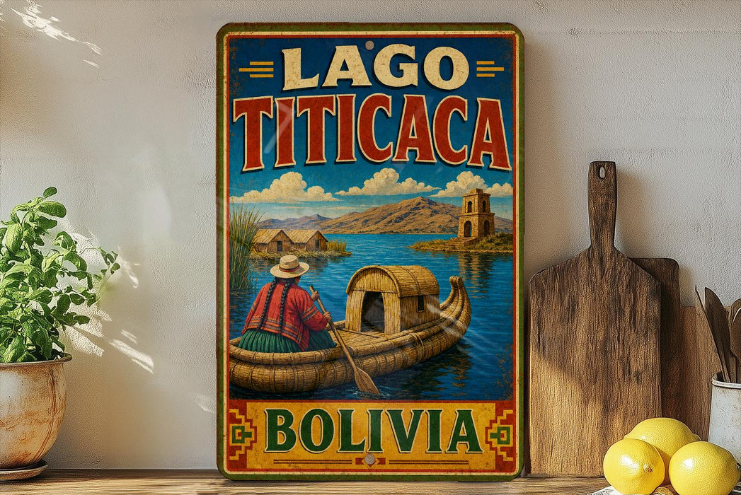 A vintage-style sign for "Lago Titicaca" in Bolivia, featuring a woman in a canoe on a river surrounded by mountains and buildings.