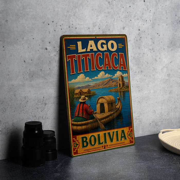 A vintage-style metal sign for Lago Titicaca, a famous landmark in Bolivia, featuring a person in a canoe on a river surrounded by mountains.