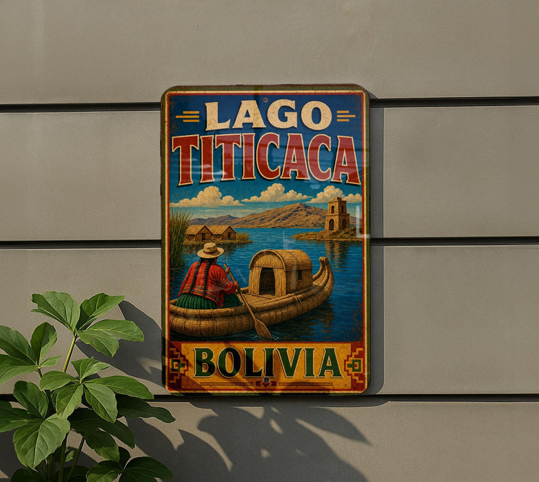 A vintage-style metal sign with the text "LAGO TITICACA BOLIVIA" and an illustration of a person in a boat on a body of water.