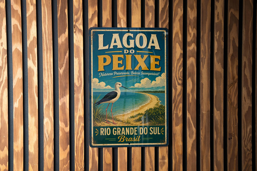 A vintage-style sign for the Lago do Peixe, a nature reserve in Brazil, featuring a bird and a beach scene.