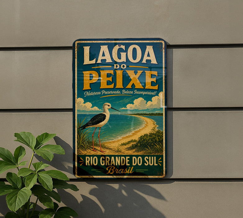A vintage-style sign for the Lago do Peixe, a famous beach in Brazil, featuring a seagull and a beach scene.