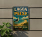 A vintage-style sign for the Lago do Peixe, a famous beach in Brazil, featuring a seagull and a beach scene.