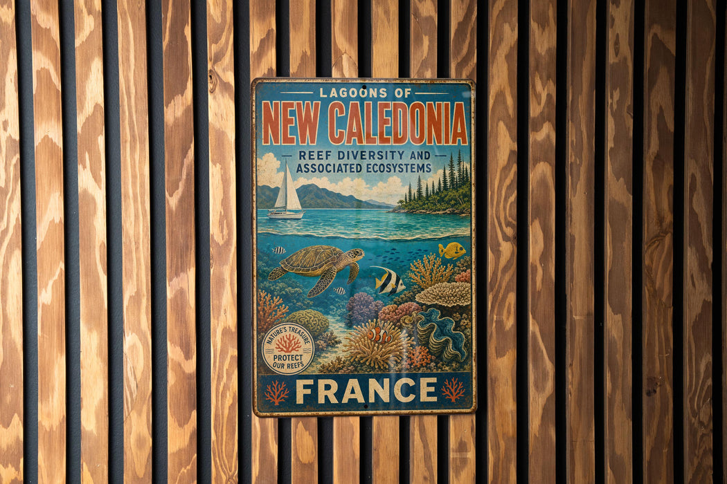 A vintage metal sign for the Lagoon of New Caledonia, featuring a seascape with a sailboat, coral reefs, and marine life.