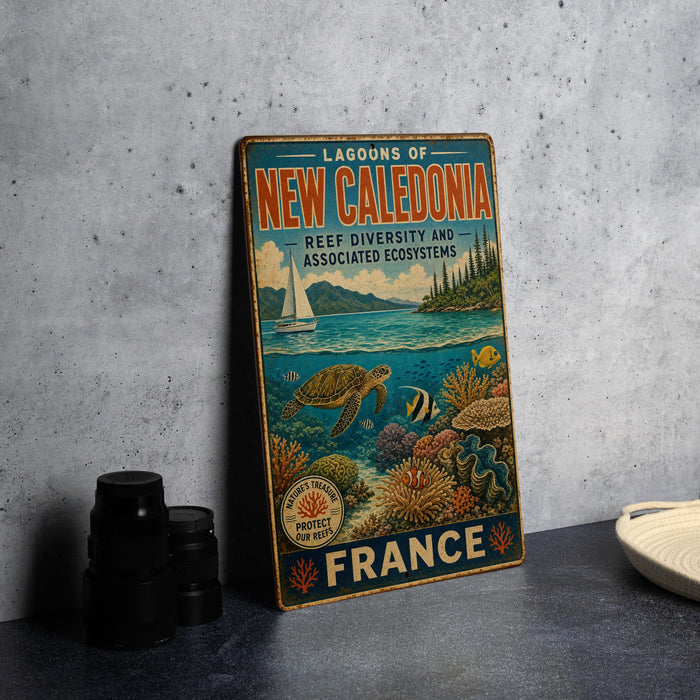 A vintage-style metal sign advertising the "Lagouns of New Caledonia" and "Reef Diversity and Associated Ecosystems" in France, featuring an illustration of a coral reef and marine life.