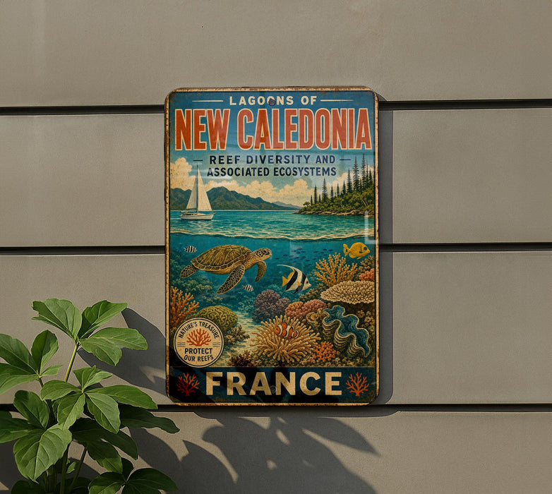A vintage-style metal sign advertising the Lagoon of New Caledonia, featuring a seascape with a sailboat, coral reefs, and marine life.