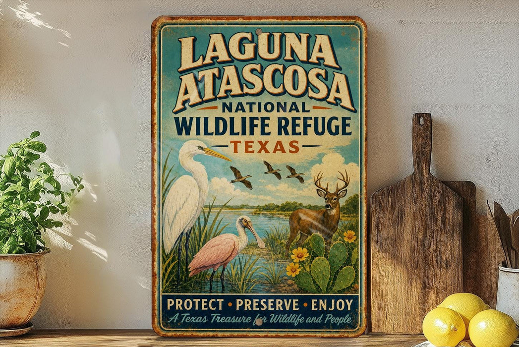 A vintage-style sign for Laguna Atascosa National Wildlife Refuge in Texas, featuring illustrations of wildlife such as a crane, deer, and cactus.