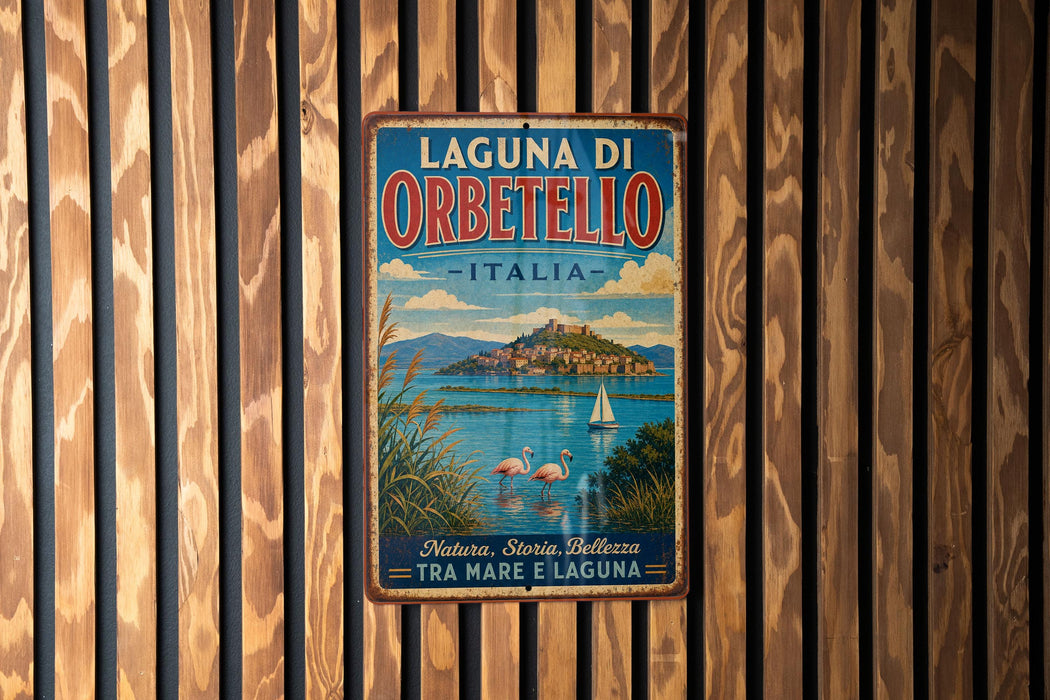 A vintage-style metal sign with the text "LAGUNA DI ORBETELLO ITALIA" and a scenic illustration of a coastal town with a castle, boats, and flamingos.