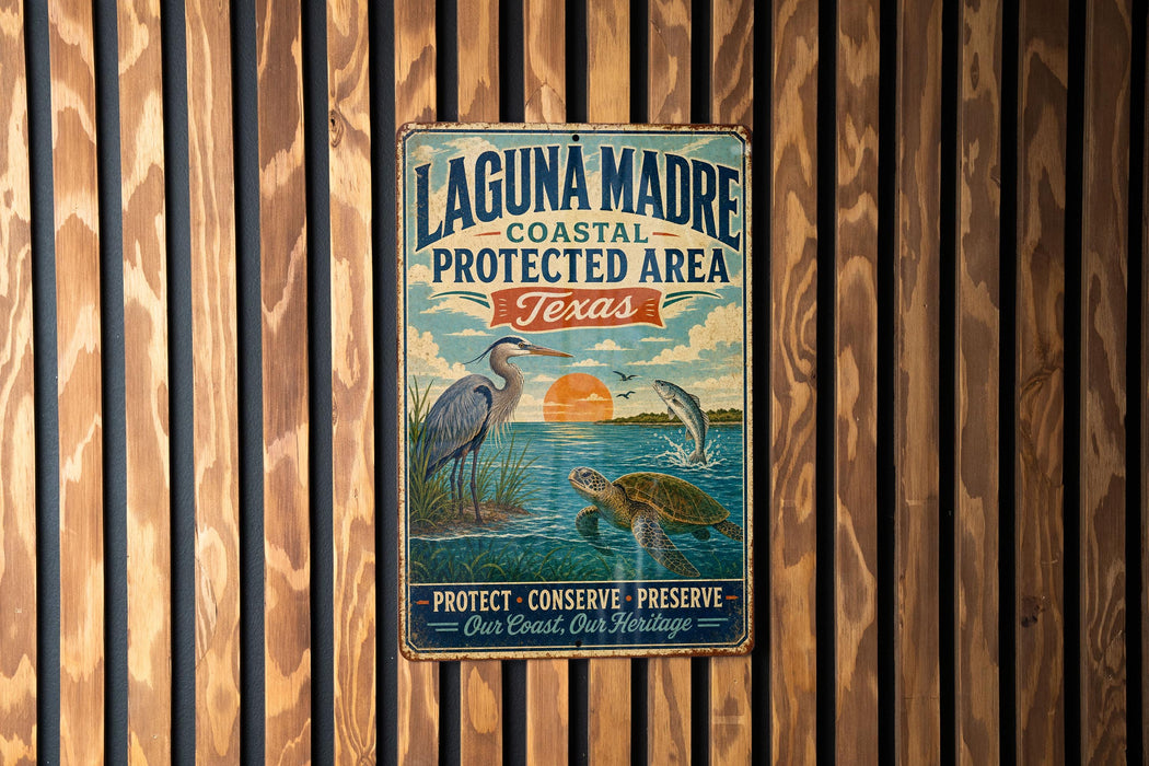 A vintage-style metal sign for the Laguna Madre Coastal Protected Area in Texas, featuring illustrations of birds, a heron, and a turtle in a natural setting.