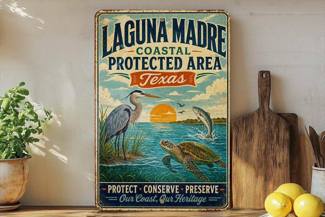 A vintage-style metal sign for the Laguna Madre Coastal Protected Area in Texas, featuring illustrations of a heron, a fish, and a turtle in a serene coastal landscape.