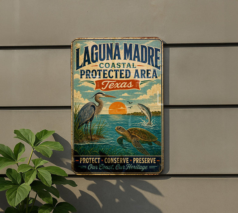 A vintage-style metal sign for Laguna Madre Coastal Protected Area in Texas, featuring illustrations of birds, fish, and a sunset over the water.