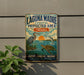 A vintage-style metal sign for Laguna Madre Coastal Protected Area in Texas, featuring illustrations of birds, fish, and a sunset over the water.