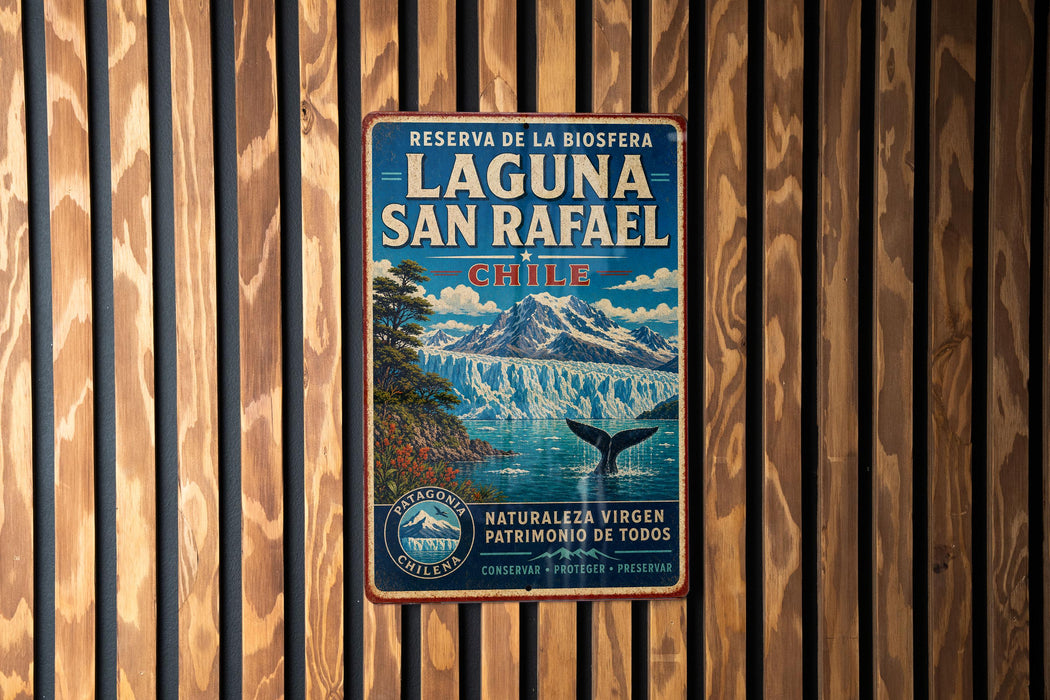 A vintage metal sign with a mountain landscape and a whale in the water, mounted on a wooden wall.