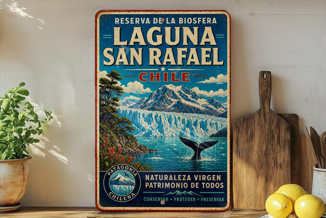 A vintage-style metal sign advertising the Laguna San Rafael, a natural reserve in Chile, featuring a scenic landscape with a waterfall and a whale.