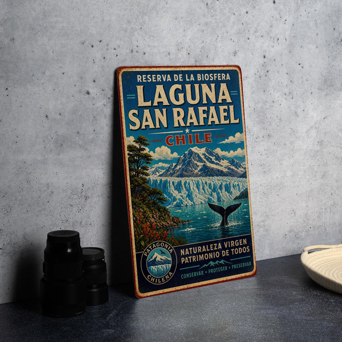 A vintage-style metal sign for the Laguna San Rafael in Chile, featuring a scenic landscape with mountains, a whale, and a blue sky.