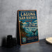 A vintage-style metal sign for the Laguna San Rafael in Chile, featuring a scenic landscape with mountains, a whale, and a blue sky.