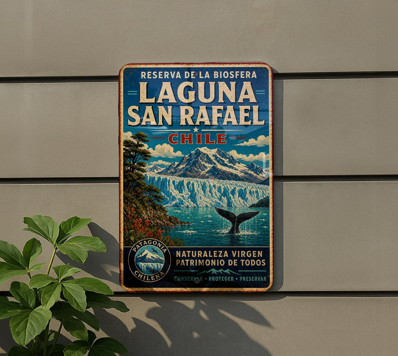 A vintage-style metal sign for the Laguna San Rafael in Chile, featuring a mountain landscape and a whale.