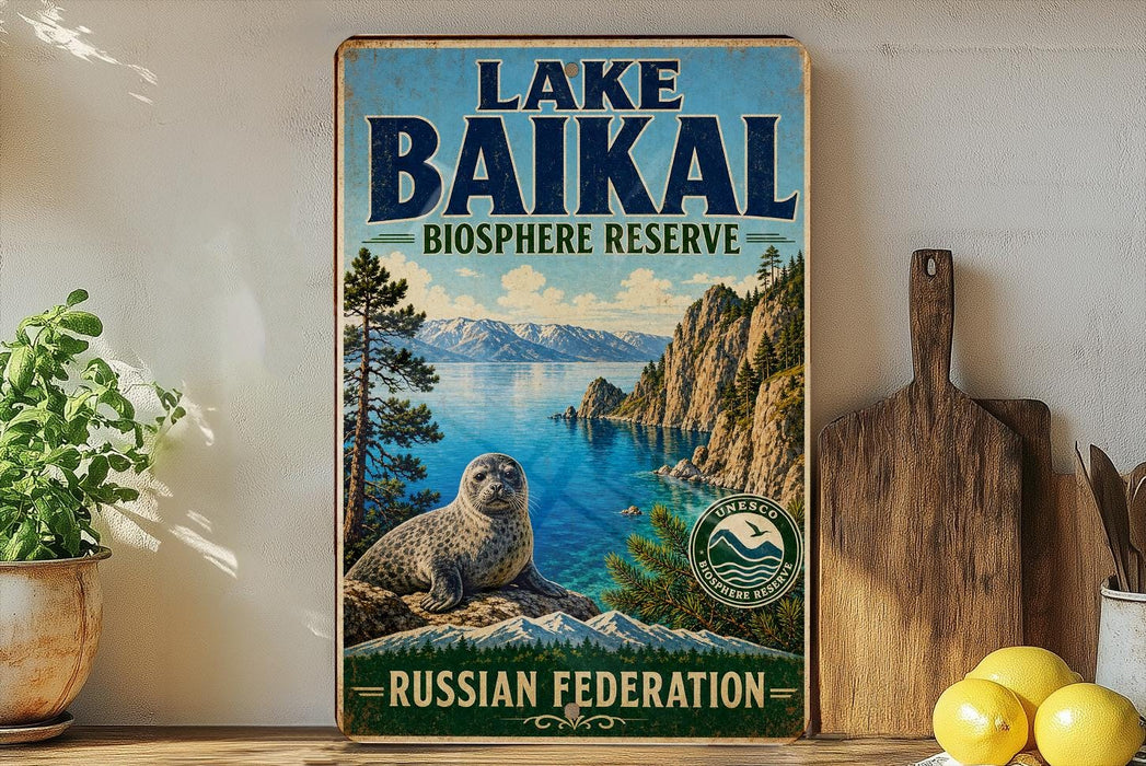 A vintage-style sign for Lake Baikal, the world's largest freshwater lake, with a scenic image of the lake and mountains.
