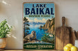 A vintage-style sign for Lake Baikal, the world's largest freshwater lake, with a scenic image of the lake and mountains.