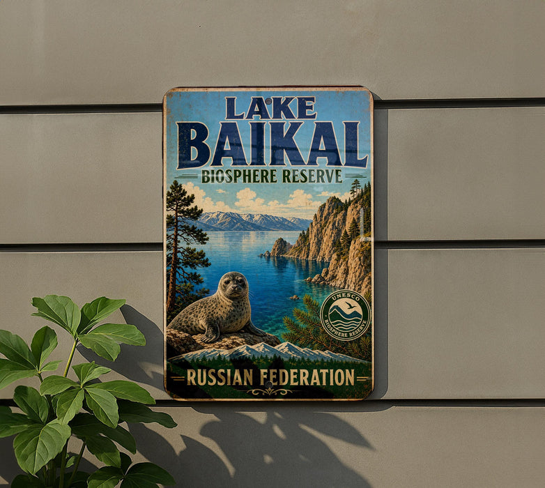 A vintage-style sign for Lake Baikal, the world's largest tundra and one of the largest freshwater lakes, with a seal and a seal-like creature in the foreground.