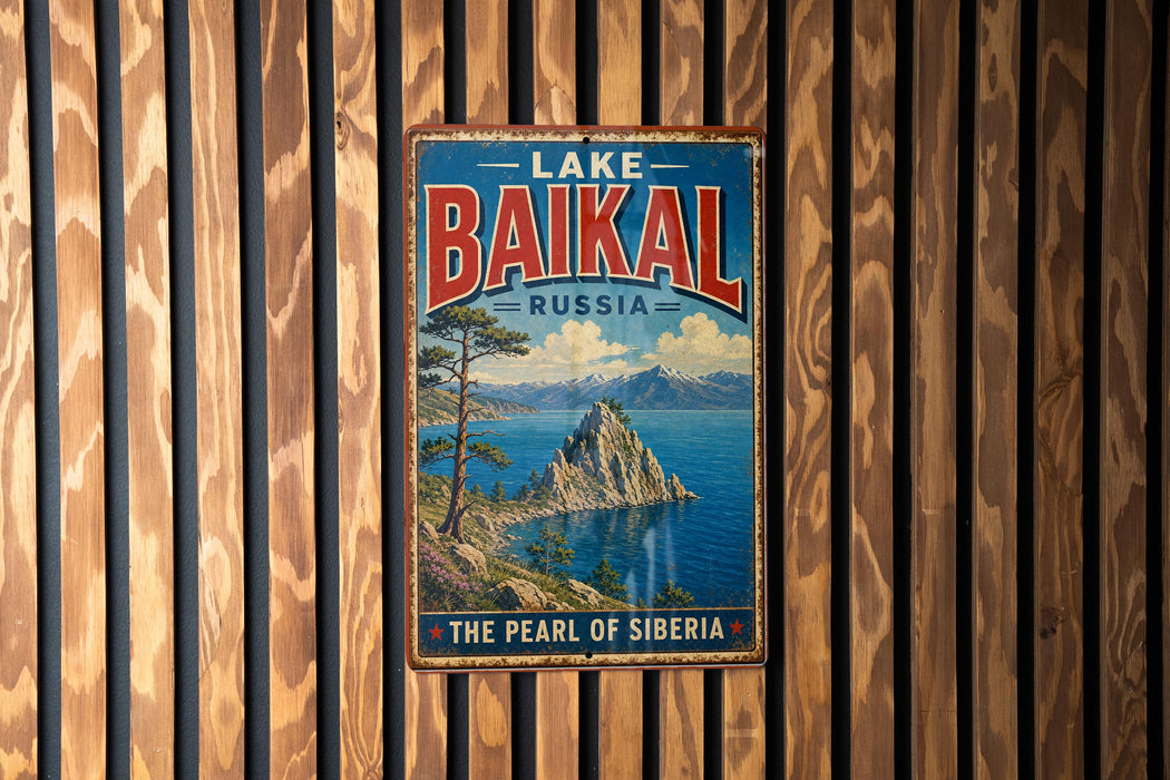 A vintage metal sign with the text "LAKE BAIKAL RUSSIA" and "THE PEARL OF SIBERIA" is displayed on a wooden wall.